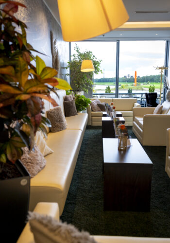 Gemütlicher Lounge-Bereich im Hotel Rheingarten mit Sofas, Pflanzen und Blick auf den Rhein