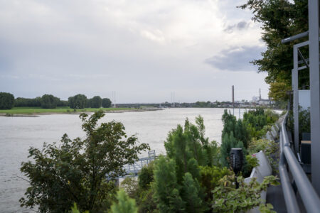 Blick vom Hotel Rheingarten auf den Rhein mit grünen Uferlandschaften und der Brücke im Hintergrund bei ruhigem Wetter.