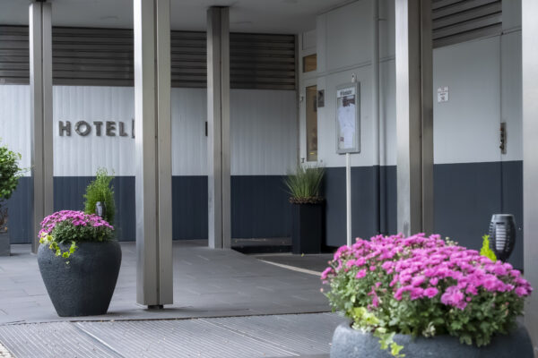 Eingangsbereich des Hotel Rheingarten in Duisburg mit modernen Säulen und dekorativen Blumenkübeln mit pinken Blüten.
