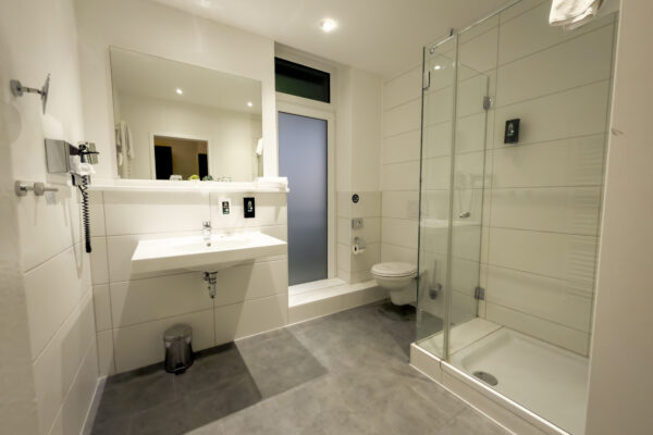 Modernes Badezimmer im Hotel Rheingarten mit großer Glasdusche, Waschbecken und WC.