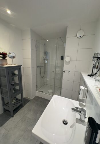 Helles Badezimmer mit Glasdusche, Waschbecken und schmalem Regal aus seitlicher Perspektive
