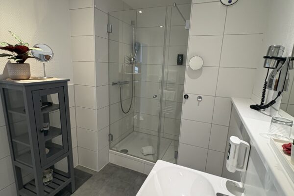 Helles Badezimmer mit Glasdusche, Waschbecken und schmalem Regal aus seitlicher Perspektive